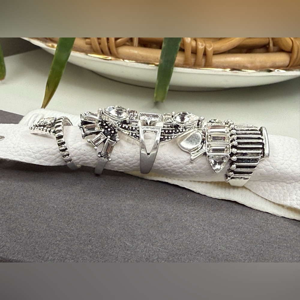 NWT Free People Rhapsody Silver Rhinestone Statement Ring Set Art Deco Stack - Picture 3 of 11